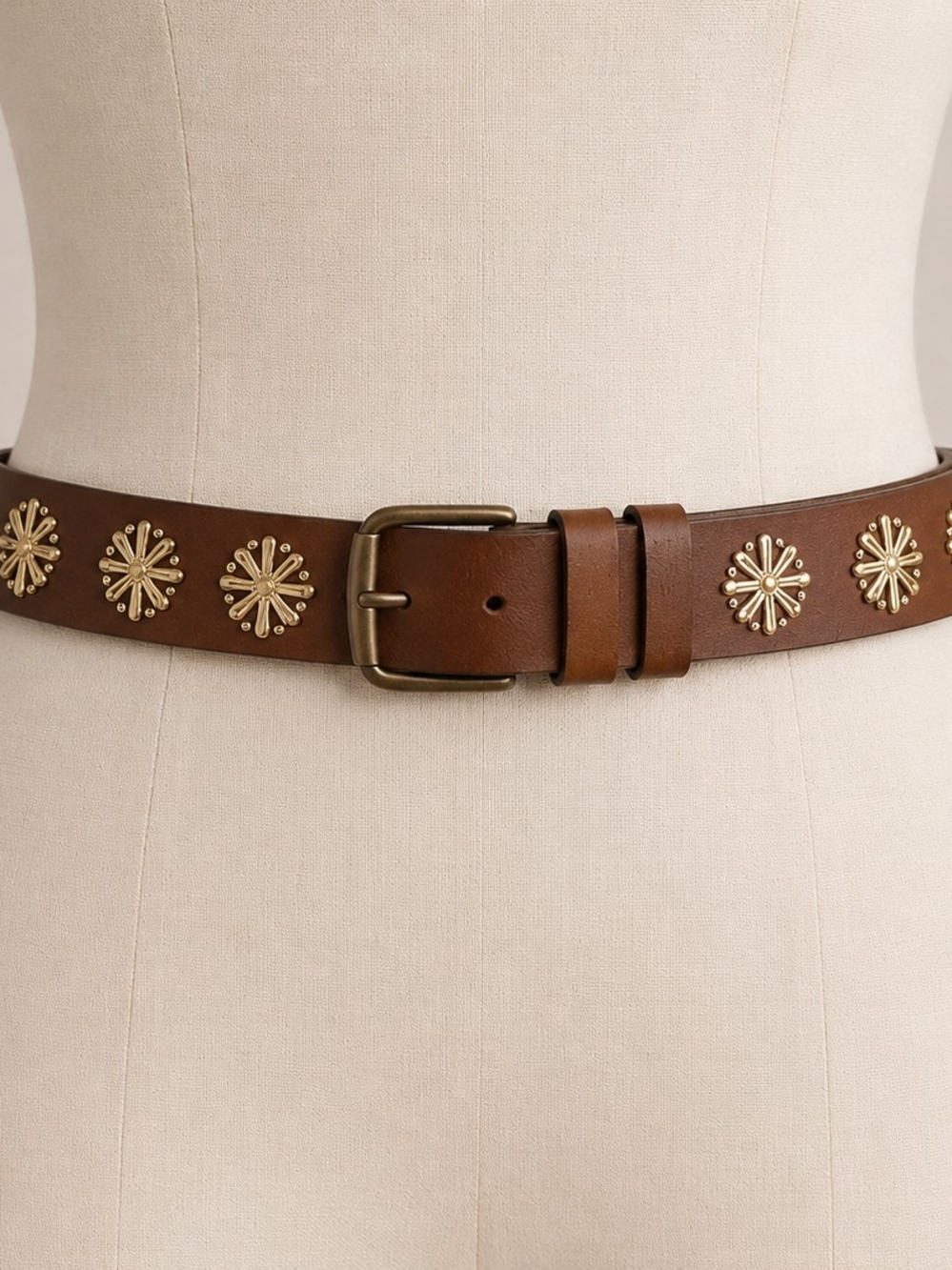 Brown Genuine Leather Floral Cutout Boho Belt Medium